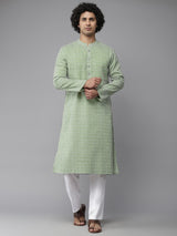 Men Sage Green & White Printed Pure Cotton Straight Kurta With Pajama