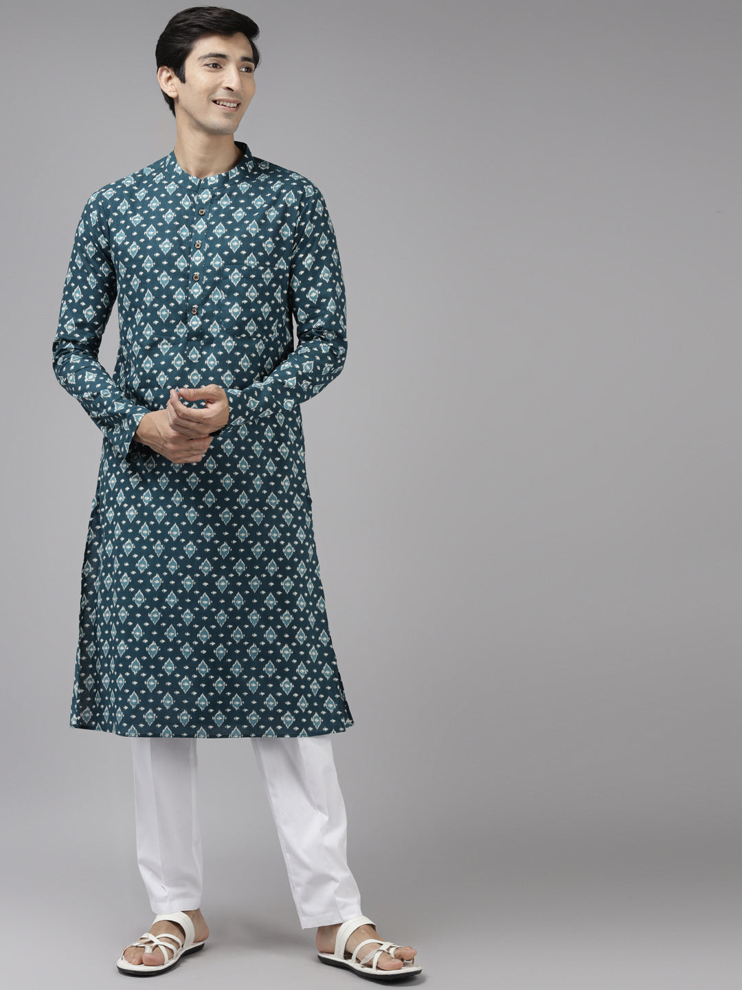 Men Teal Blue & Off White Printed Straight Kurta With Pajama