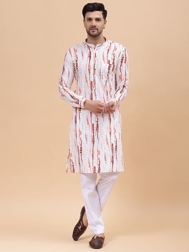 Men White & Orange Pure Cotton Printed Straight Kurta With pyjama