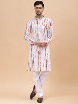 Men White & Orange Pure Cotton Printed Straight Kurta With pyjama