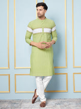 Men Lime Green And White Thread Work Kurta