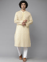 Men Cream with Yellow Floral Printed Kurta and Pajama