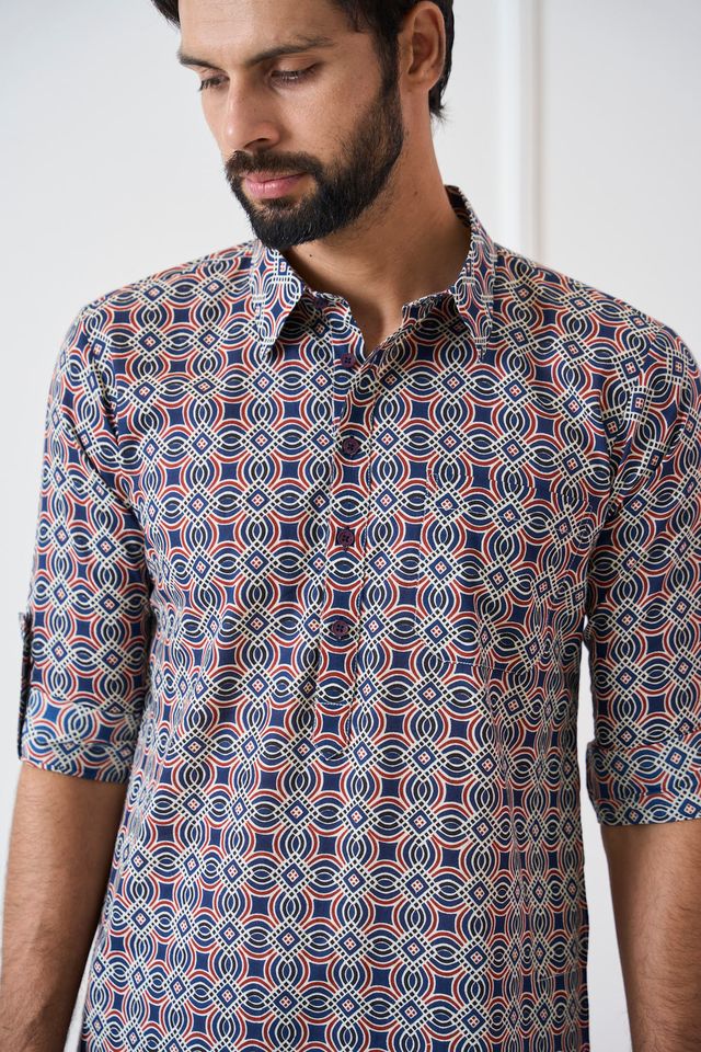 Men Blue Regular Pure Cotton Pathani Kurta With Black Salwar