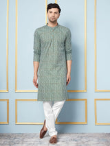 Men Green and White Printed Kurta With pyjama