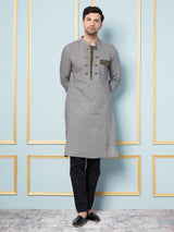 Men Grey Melange and Thread Work Kurta With pyjama