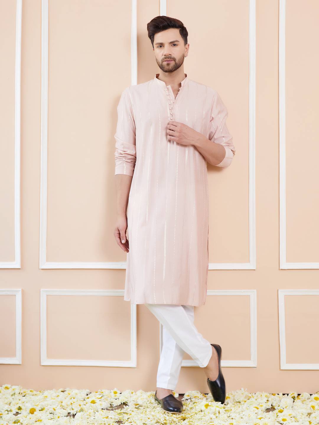 Men Blush Pink with Subtle Gold Shimmer Chanderi Silk Sequins Kurta With Pajama