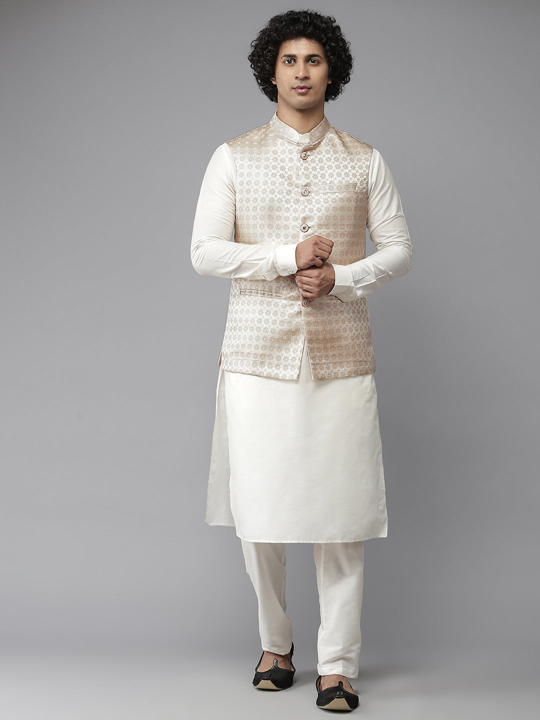 Riwaat.com Men White Solid Kurta Pajama With Svarna Pushpa Nehru jacket Riwaat Indo Western