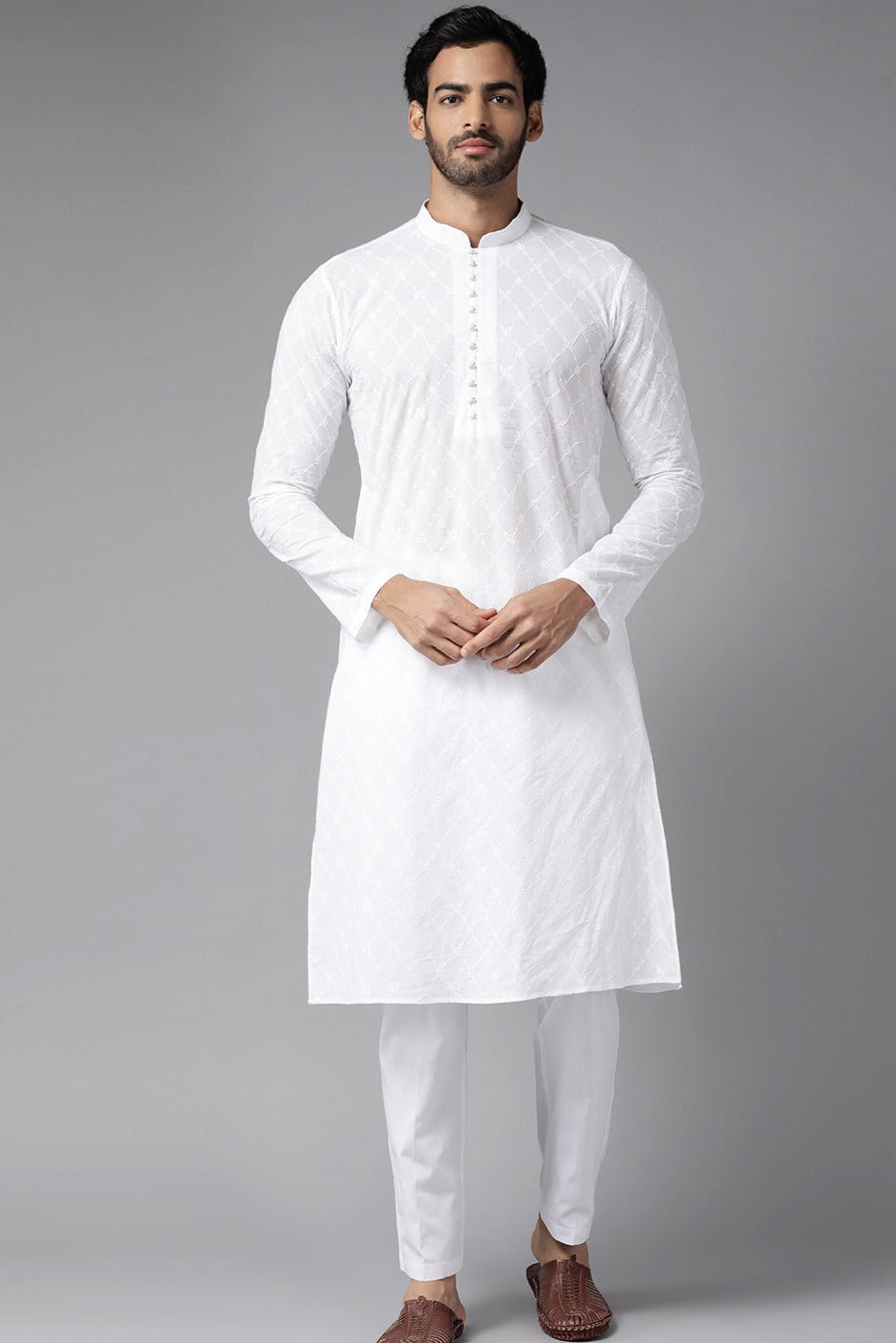 Men White Ivory Impressions Chikankari Embroidered Straight Kurta