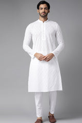 Men White Ivory Impressions Chikankari Embroidered Straight Kurta