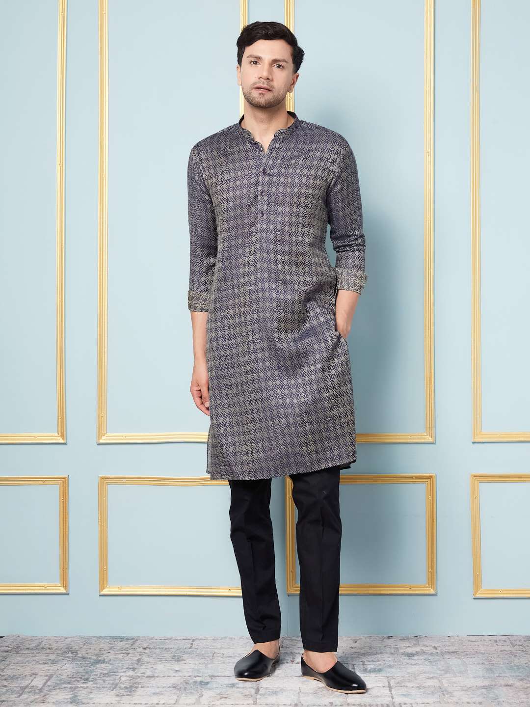 Men Blue & Gold Woven Design Thread Work Kurta