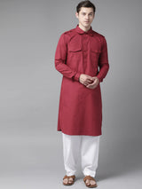 Riwaat.com Men Maroon Pathani Kurta with Salwar Riwaat Pathani Plain