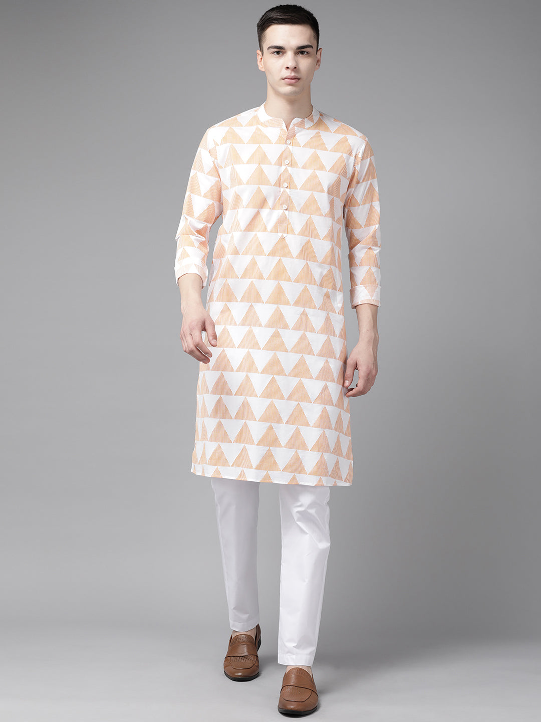 Riwaat.com Men White & Orange Stripe Printed Straight Kurta With Pajama Riwaat Printed