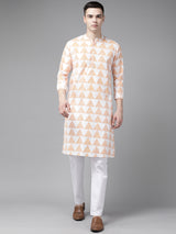 Riwaat.com Men White & Orange Stripe Printed Straight Kurta With Pajama Riwaat Printed