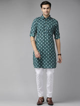 Men Teal Blue Regular Pure Cotton Pathani Printed Men's Kurta