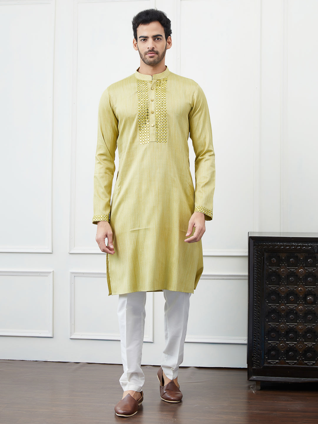 Riwaat.com Men Olive Sequence Mirror Work Cotton Kurta Riwaat Embroidered Mehendi