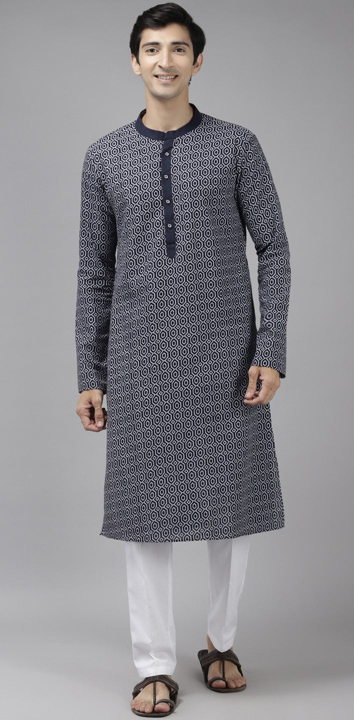 Men Blue EthnoVogue Printed Thread Work Indigo Kurta