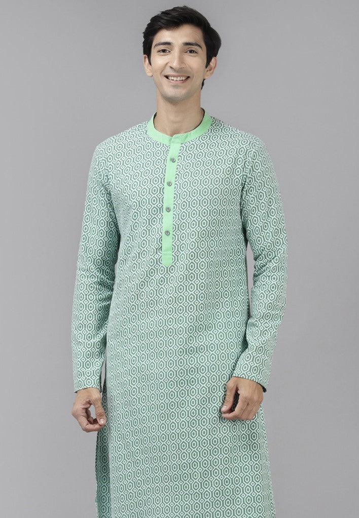 Men Green & White Printed Pure Cotton Straight Kurta