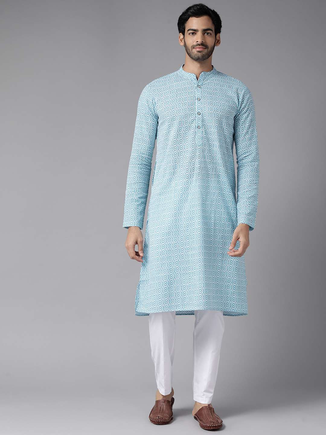 Men Aqua Blue & White Printed Pure Cotton Straight Kurta With Pajama