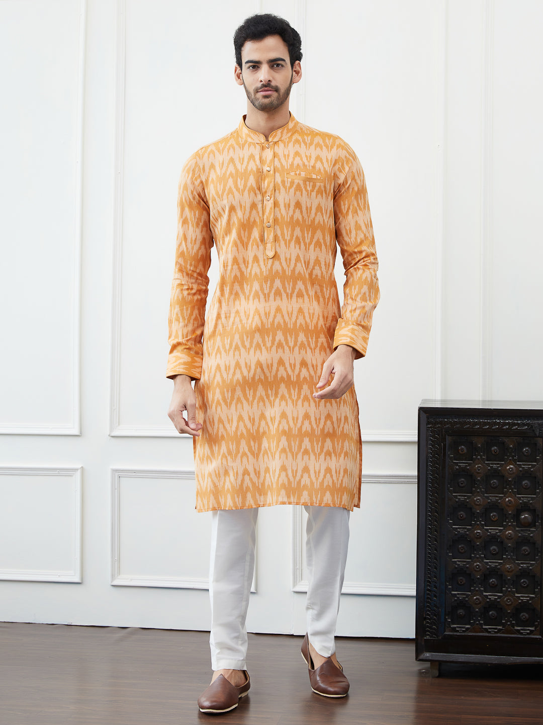 Riwaat.com Men Orange & Cream Printed Cotton Kurta Riwaat Printed