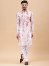 Men White & Pink Pure Cotton Printed Straight Kurta With Pajama