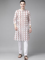 Men White & Maroon Stripe Printed Straight Kurta With Pyjama