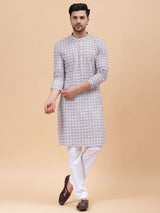 Men Off White & Brown Pure Cotton Embroidered Straight Kurta