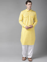 Riwaat.com Men Yellow Pathani Kurta with Salwar Riwaat Haldi Pathani Plain