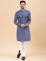 Men Navy Blue & White Pure Cotton Printed Straight Kurta With pyjama