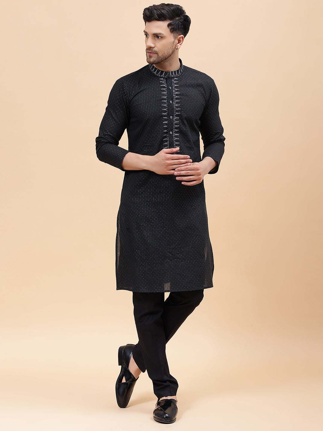 Men Black & Silver Silk Woven Design Straight Kurta With pyjama