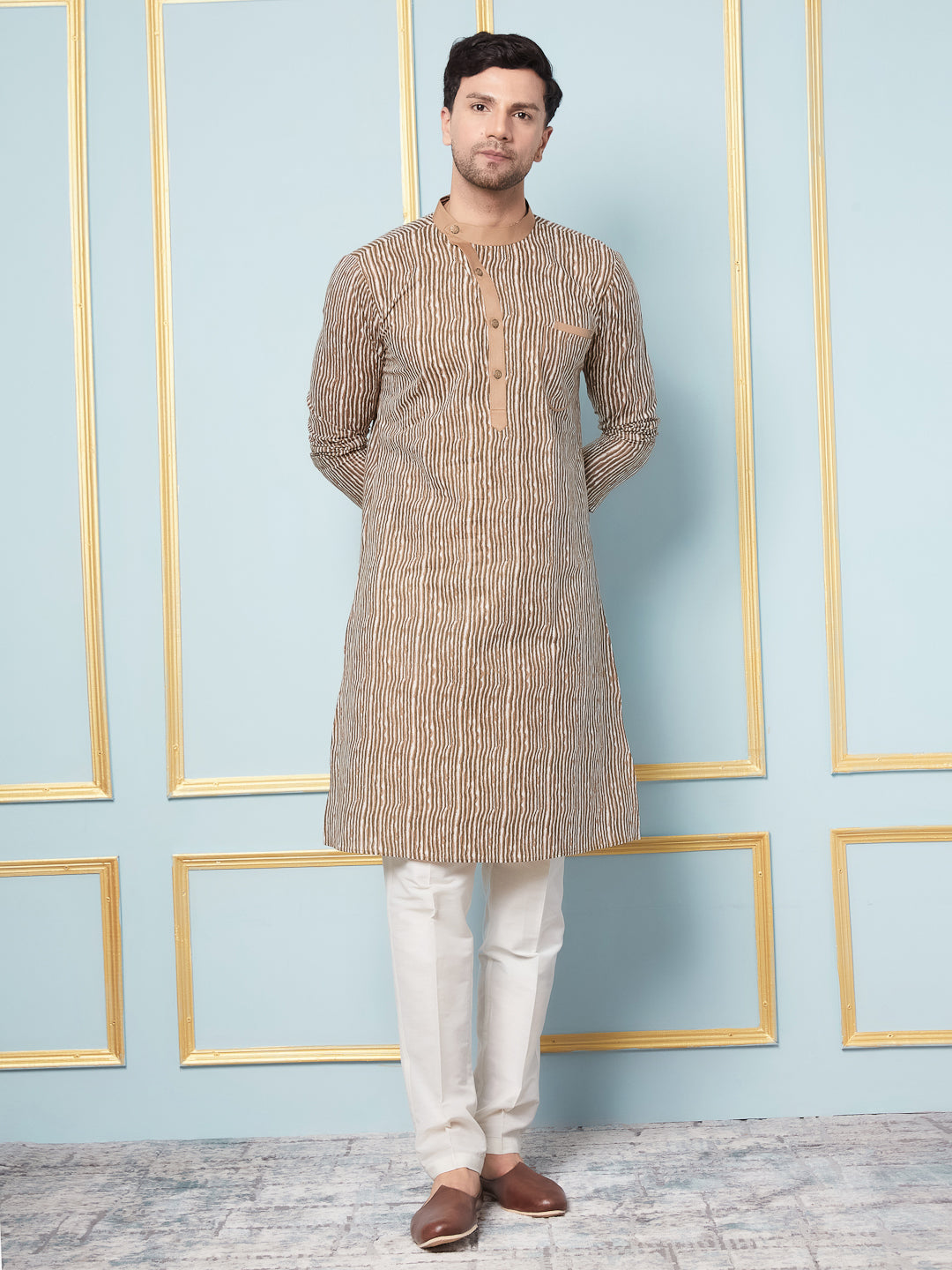 Men Coffee Brown and White Strip Printed Kurta With pyjama