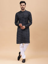 Men Black & White Pure Cotton Printed Straight Kurta With pyjama