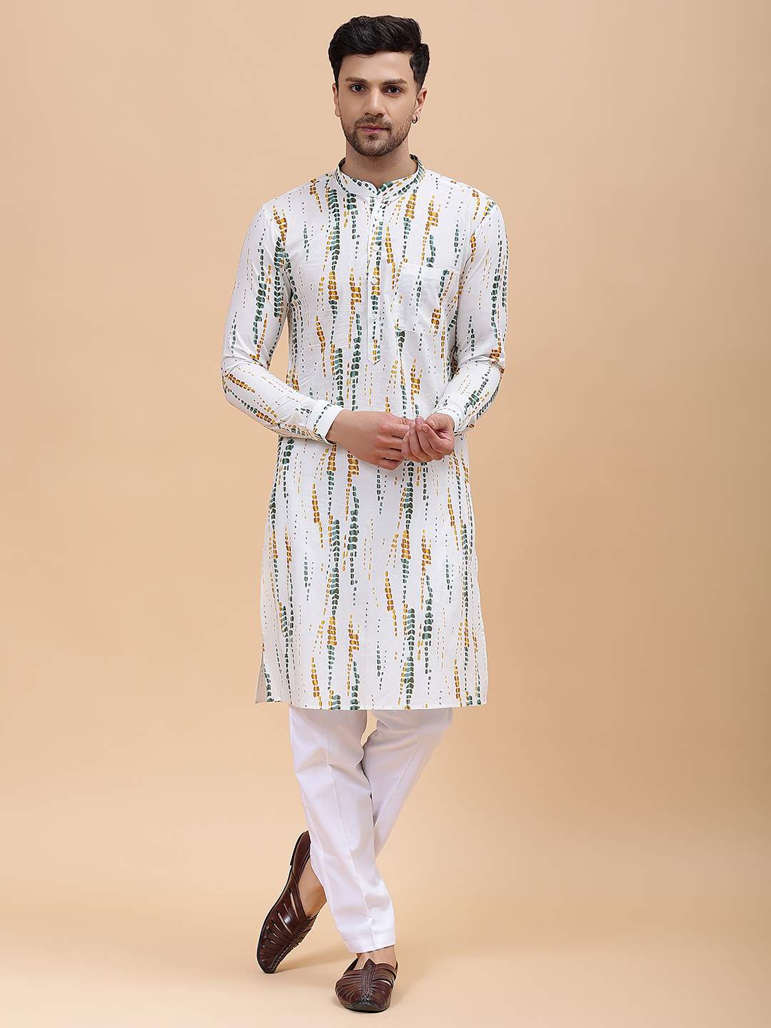 Men White & Mustard Pure Cotton Printed Straight Kurta