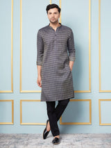 Men Blue & Gold Woven Design Thread Work Kurta With pyjama