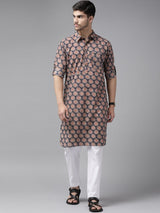 Men Blue Regular Pure Cotton Pathani Printed Men's Kurta With White Salwar