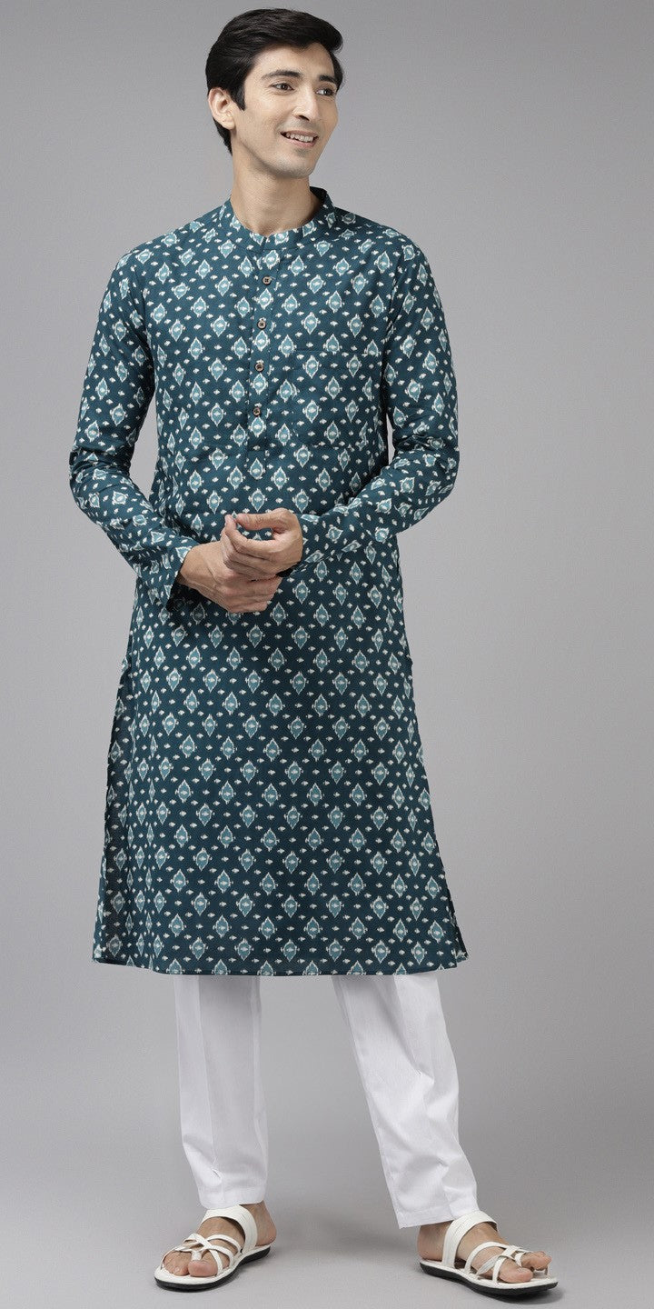 Men Teal Blue & Off White Printed Straight Kurta