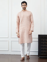 Men Peach Thread Work Cotton Kurta Set