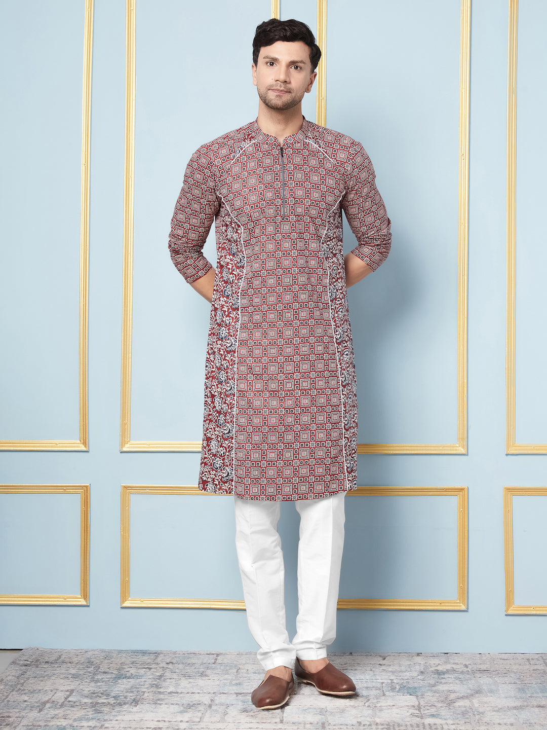 Men Maroon and Black Printed Kurta With pyjama