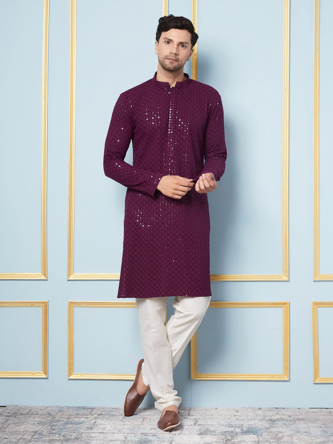 Men Megenta Embroidered Sequined Rayon Kurta & Cream Pajama