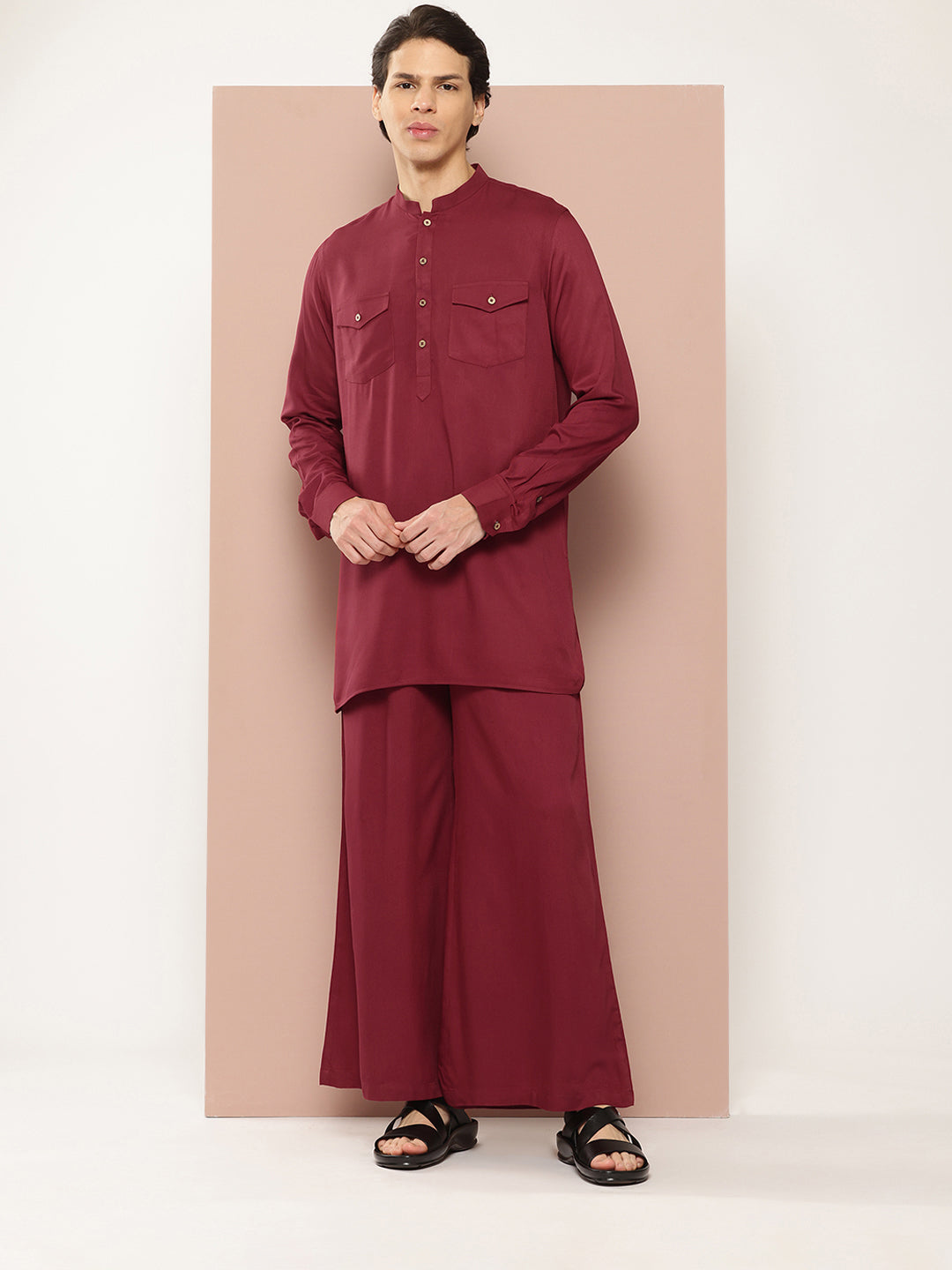 Men Maroon Rayon Solid Pathani Sets