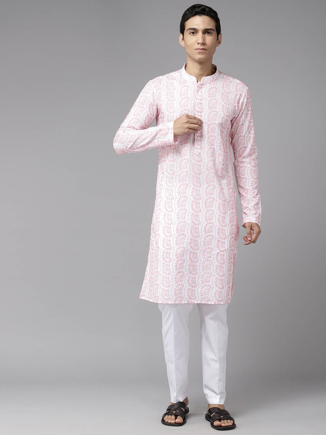 Men White with Pink Pattern Pure Cotton Embroidered Straight Kurta With Pajama