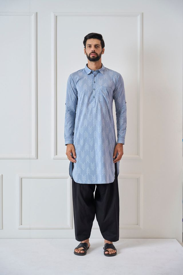 Men Light Grey Regular Pure Cotton Pathani Kurta With Black Salwar