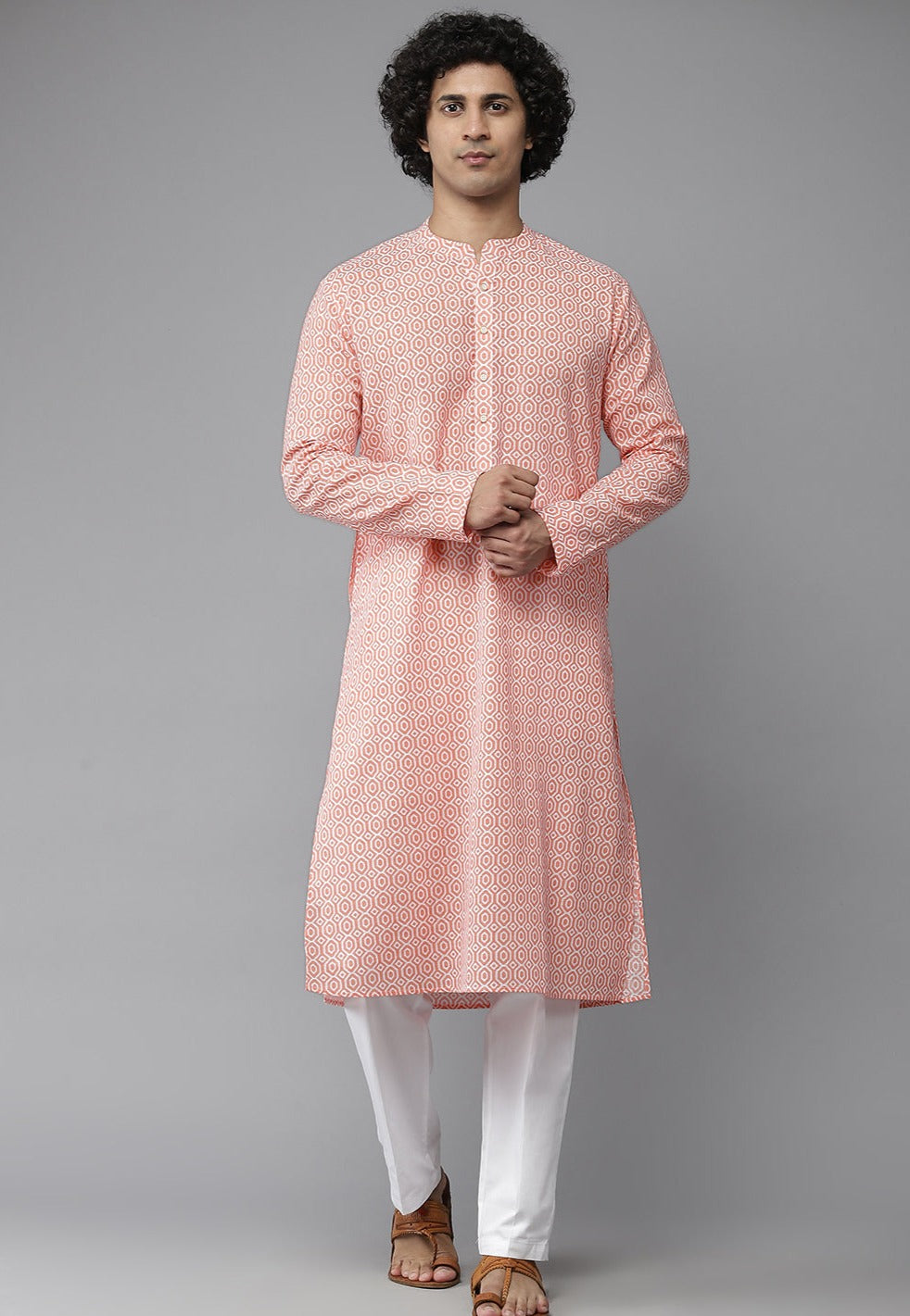 Men Peach-Coloured & White Printed Pure Cotton Straight Kurta