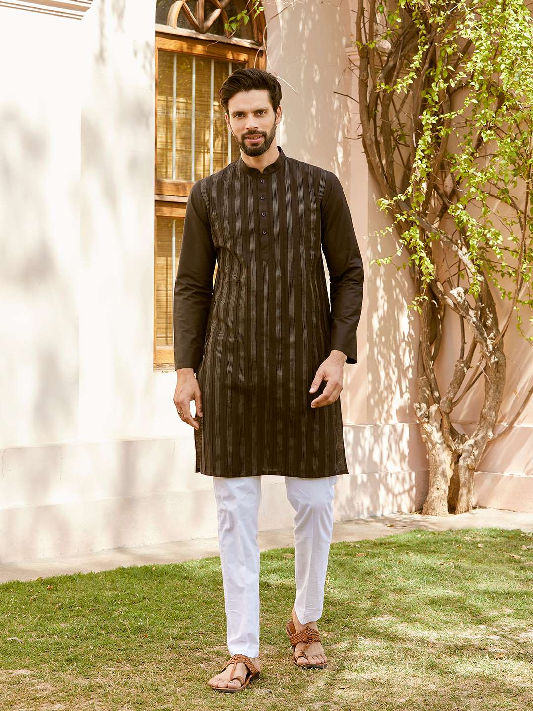 Men Deep Black with Subtle Grey Stripes Pintex Design Thread Work Cotton Kurta With Pajama