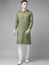 Riwaat.com Men Green & Gold Stripe Printed Straight Kurta With Pajama Riwaat Mehendi Printed