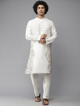 Men Off-White Cotton Silk Straight Kurta