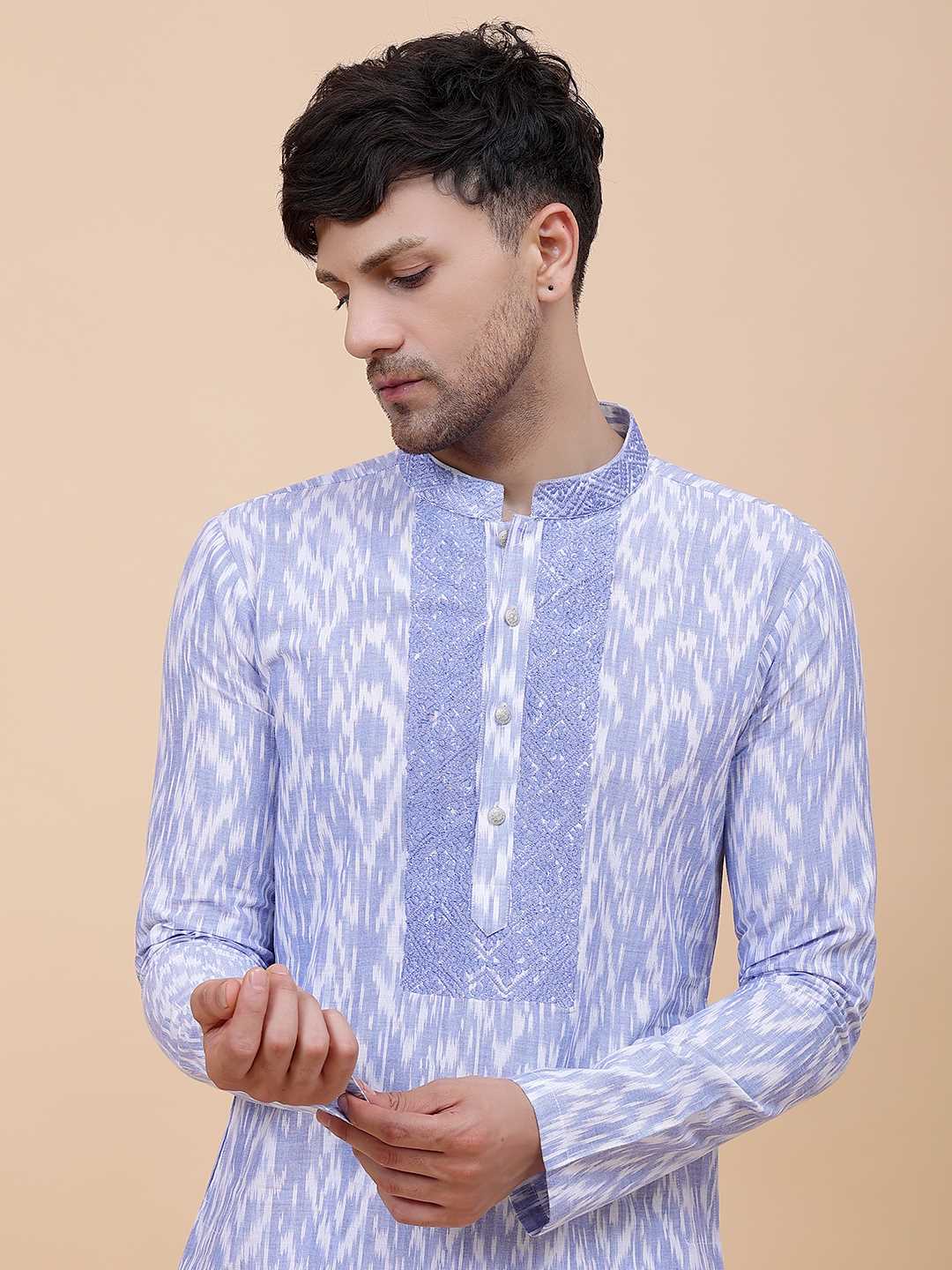 Men Blue & White Yoke Design Embroidered Cotton Kurta