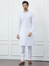 Men White Cotton Blue Thread Work & Sequinses Kurta With Pyjama
