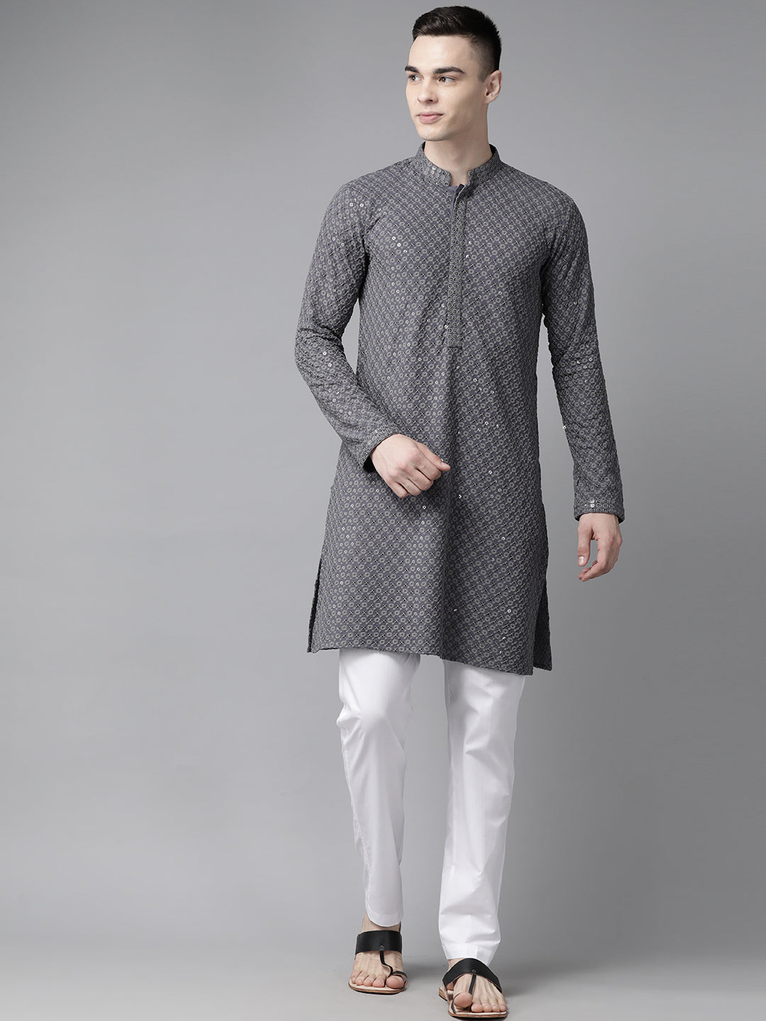 Men Grey Floral Embroidered Sequins Rayon Kurta With pyjama