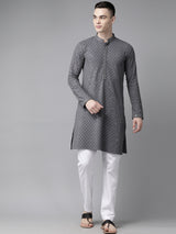 Men Grey Floral Embroidered Sequins Rayon Kurta With pyjama