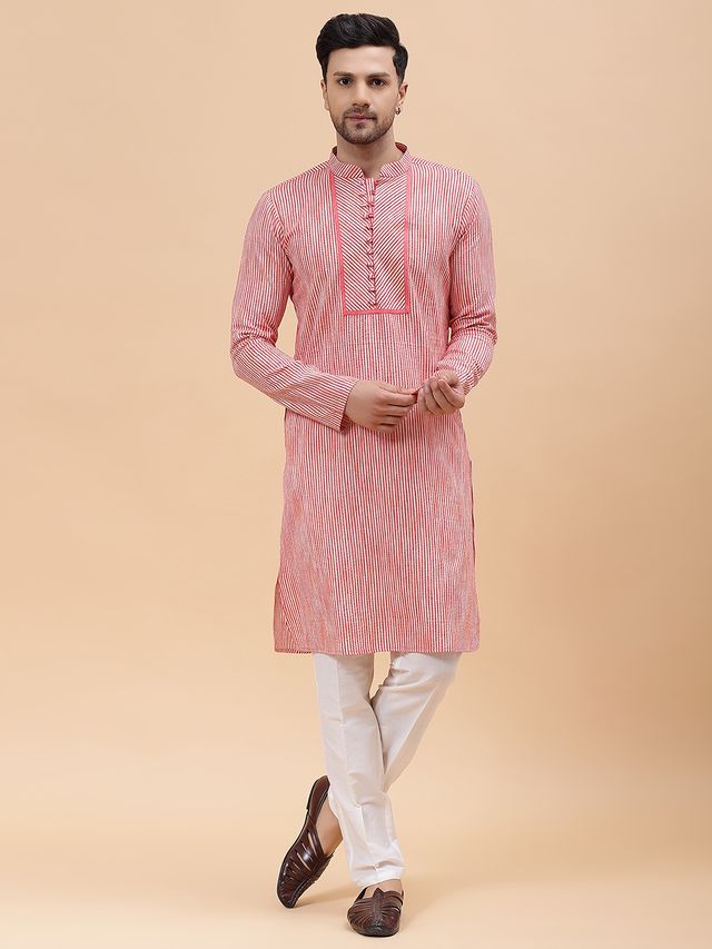 Men Pink Stripe Pure Cotton Printed Straight Kurta With pyjama